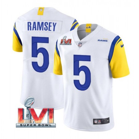 Miesten Los Angeles Rams NFL Pelipaita Jalen Ramsey 5 Valkoinen 2022 Super Bowl LVI Vapor Limited
